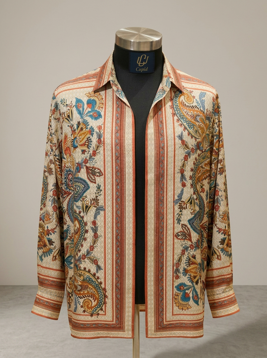 Andalusian Paisley — Cupid silk shirt on mannequin