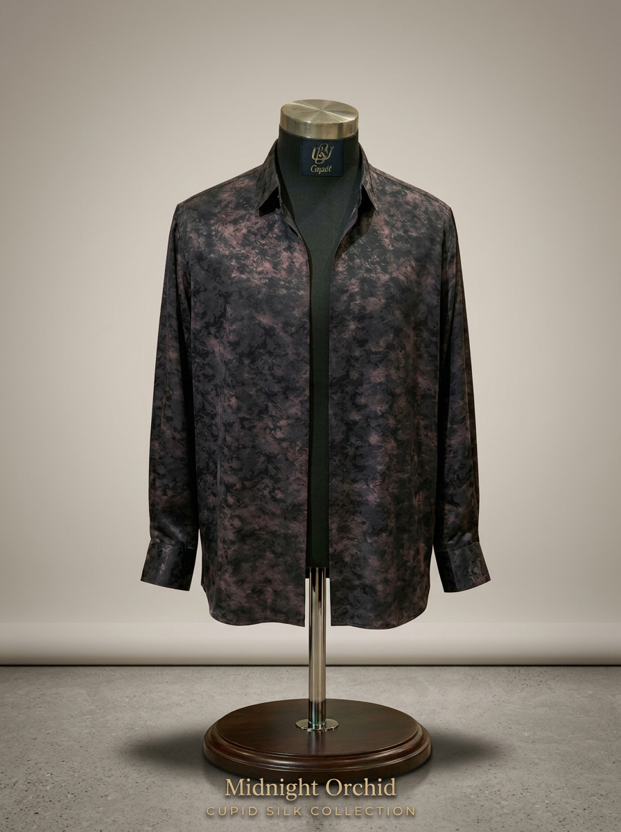 Midnight Orchid — Cupid silk shirt on mannequin