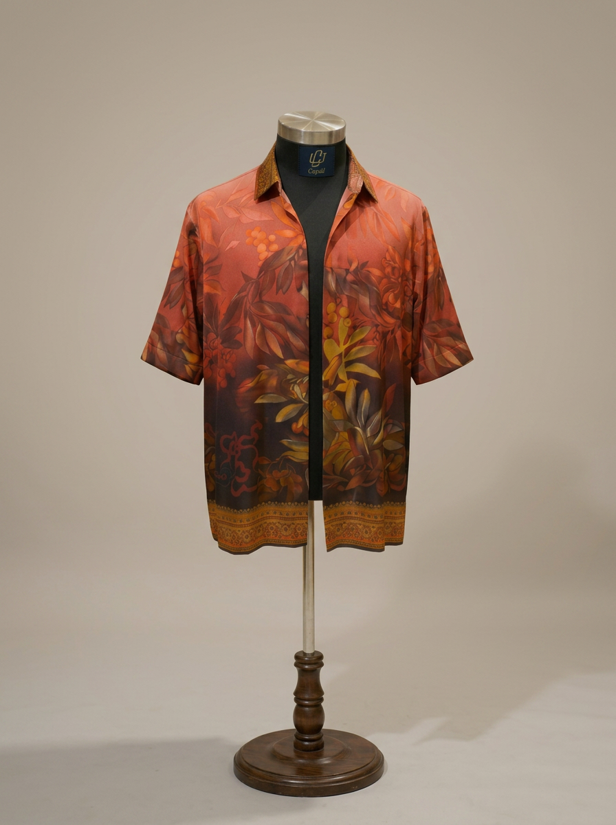 Sunset Botanica — Cupid silk shirt on mannequin